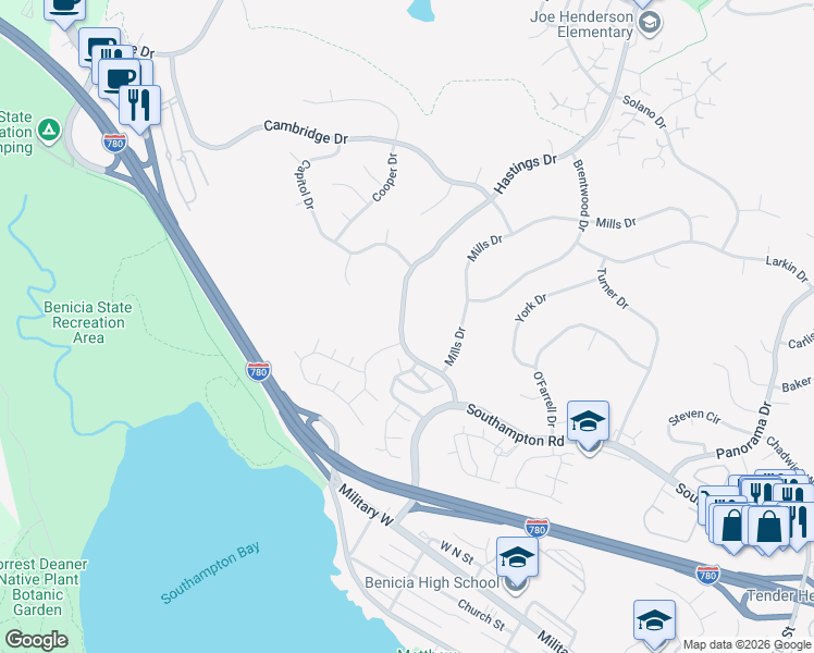 map of restaurants, bars, coffee shops, grocery stores, and more near 506 Hastings Drive in Benicia