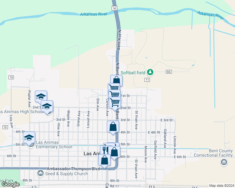 map of restaurants, bars, coffee shops, grocery stores, and more near 200-298 1st St in Las Animas