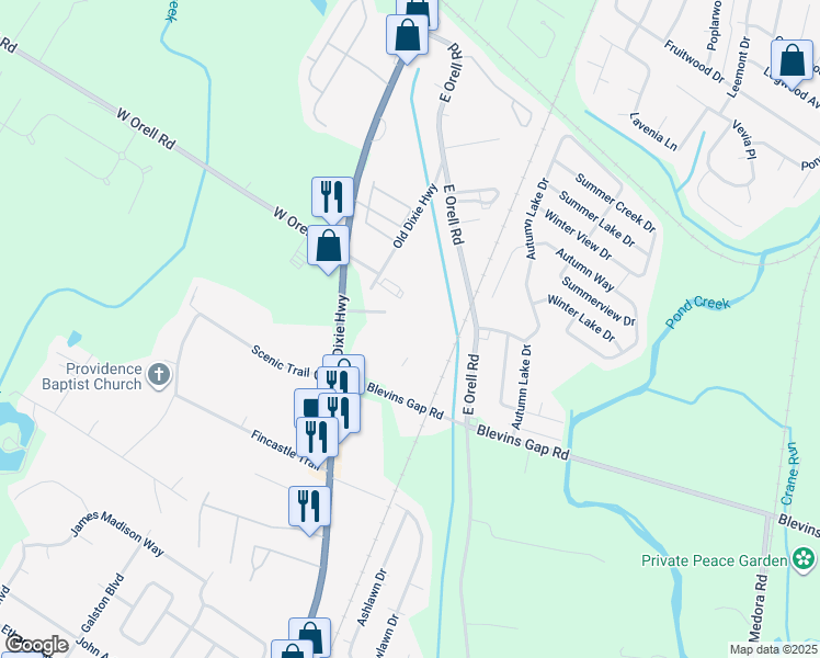 map of restaurants, bars, coffee shops, grocery stores, and more near 12517 Old Dixie Highway in Louisville