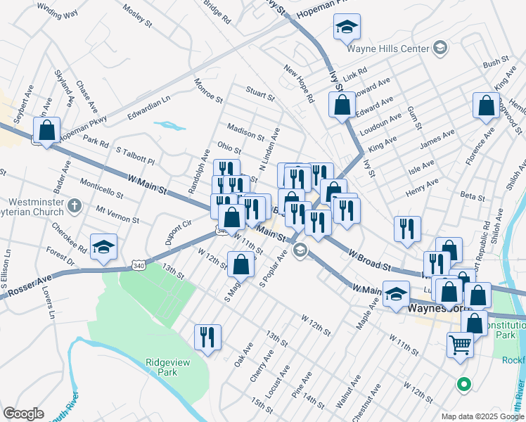 map of restaurants, bars, coffee shops, grocery stores, and more near 1412 West Broad Street in Waynesboro