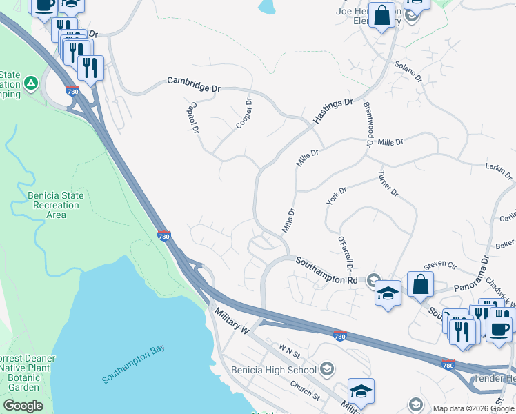 map of restaurants, bars, coffee shops, grocery stores, and more near 506 Hastings Drive in Benicia