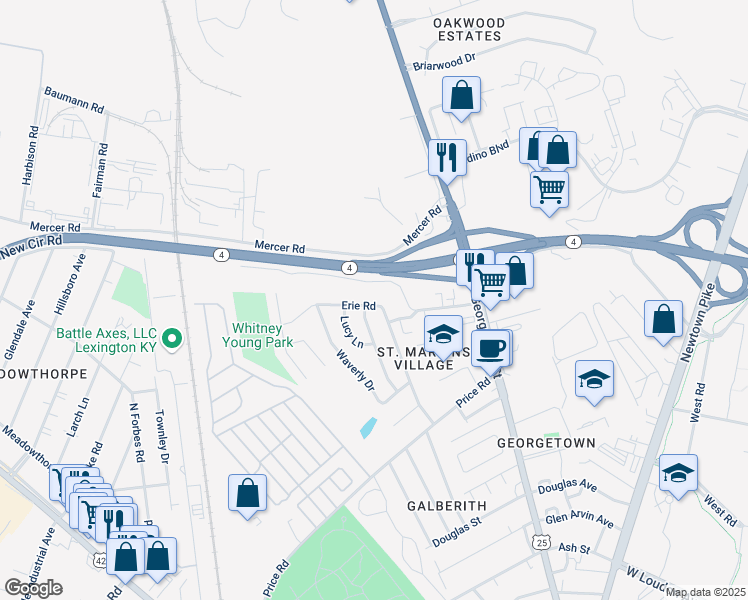map of restaurants, bars, coffee shops, grocery stores, and more near 503 Erie Road in Lexington