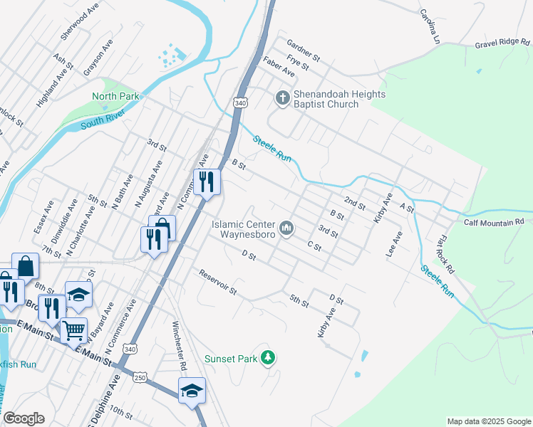 map of restaurants, bars, coffee shops, grocery stores, and more near 116 Woosley Circle in Waynesboro