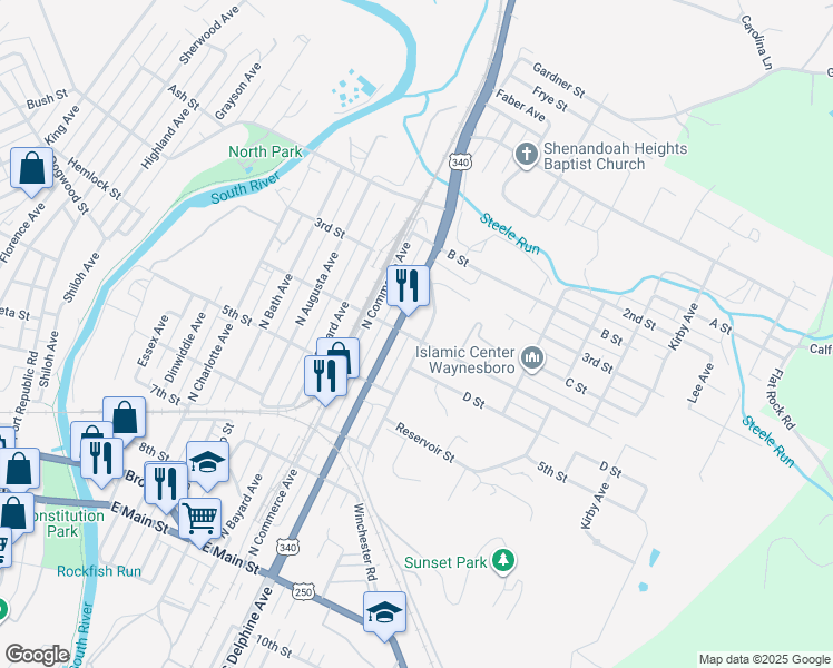 map of restaurants, bars, coffee shops, grocery stores, and more near 601 North Winchester Avenue in Waynesboro