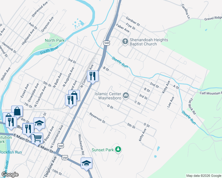 map of restaurants, bars, coffee shops, grocery stores, and more near 616 North Winchester Avenue in Waynesboro