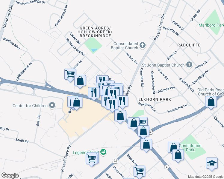 map of restaurants, bars, coffee shops, grocery stores, and more near 400 Hollow Creek Road in Lexington