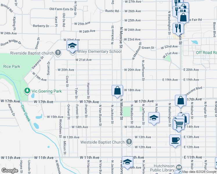 map of restaurants, bars, coffee shops, grocery stores, and more near 602 W 18th Ave in Hutchinson