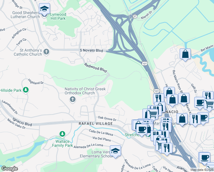 map of restaurants, bars, coffee shops, grocery stores, and more near 35 Rowe Ranch Way in Novato