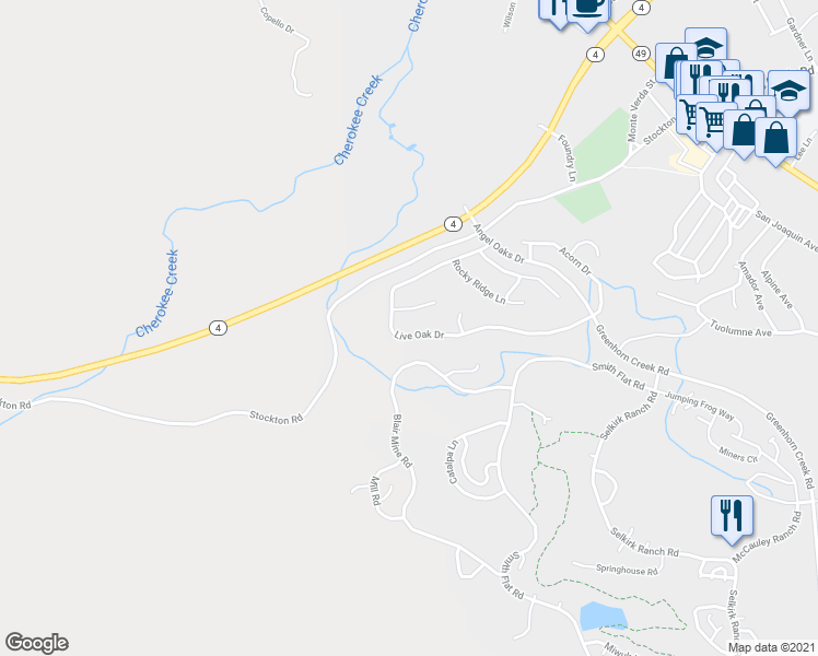 map of restaurants, bars, coffee shops, grocery stores, and more near 567 Live Oak Dr in Angels Camp