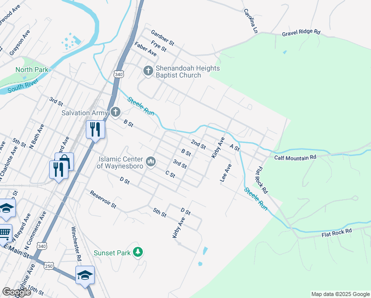 map of restaurants, bars, coffee shops, grocery stores, and more near 1425 B Street in Waynesboro