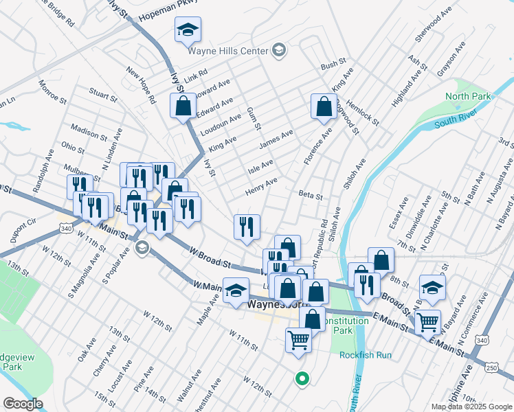 map of restaurants, bars, coffee shops, grocery stores, and more near 713 Ivy Street in Waynesboro