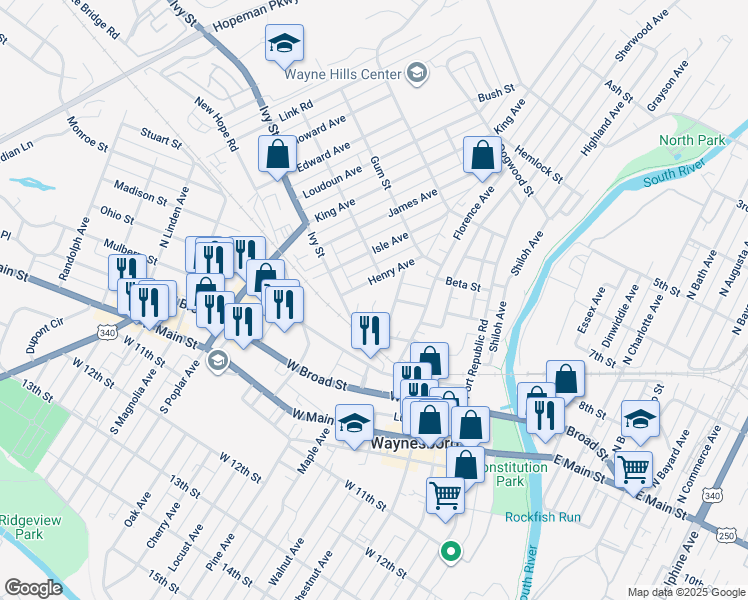 map of restaurants, bars, coffee shops, grocery stores, and more near 713 Ivy Street in Waynesboro
