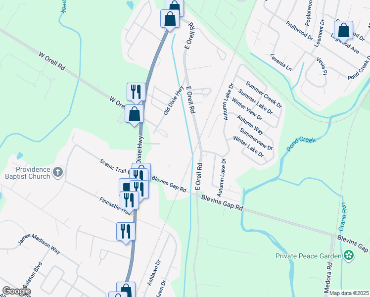 map of restaurants, bars, coffee shops, grocery stores, and more near 12517 Old Dixie Highway in Louisville