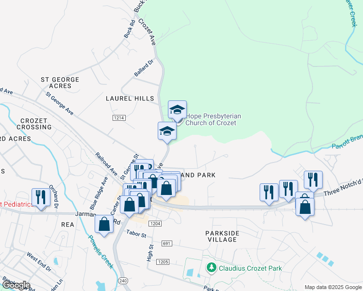 map of restaurants, bars, coffee shops, grocery stores, and more near 1365 Crozet Avenue in Crozet