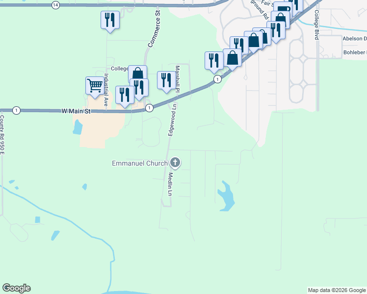 map of restaurants, bars, coffee shops, grocery stores, and more near 1403-1499 Roser Drive in Carmi