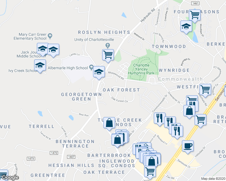 map of restaurants, bars, coffee shops, grocery stores, and more near 75 Oak Forest Circle in Charlottesville