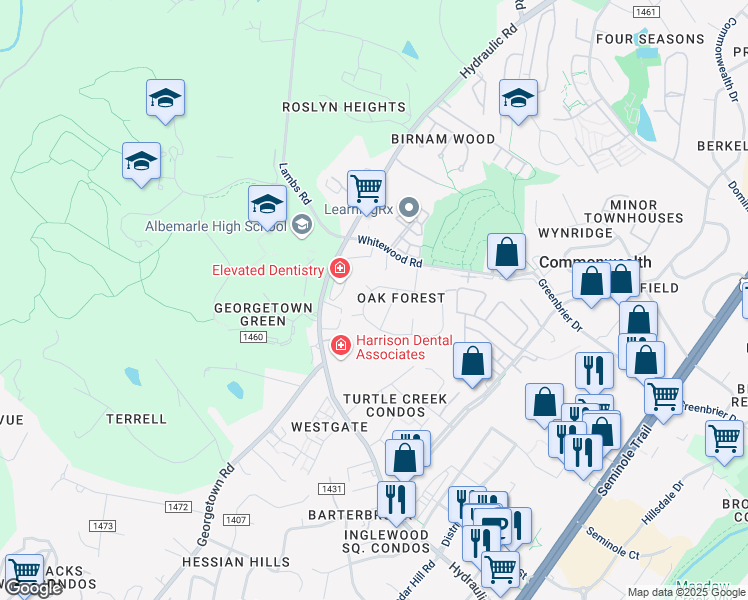 map of restaurants, bars, coffee shops, grocery stores, and more near 75 Oak Forest Circle in Charlottesville
