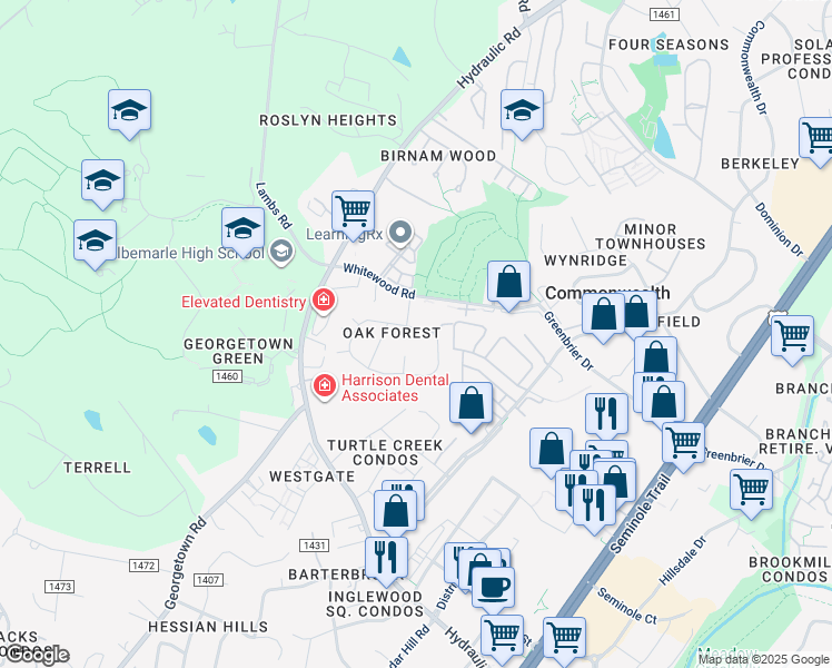 map of restaurants, bars, coffee shops, grocery stores, and more near 131 Oak Forest Cir in Charlottesville