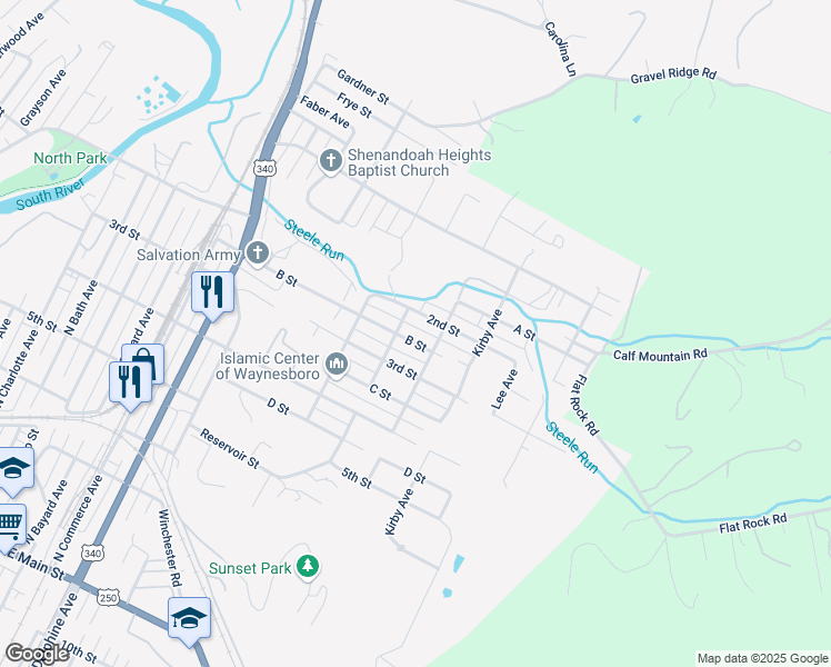 map of restaurants, bars, coffee shops, grocery stores, and more near 1425 B Street in Waynesboro