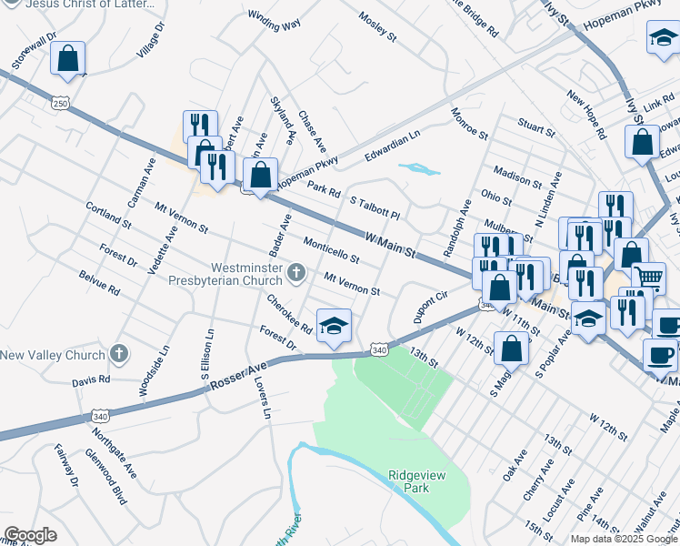map of restaurants, bars, coffee shops, grocery stores, and more near 1821 Mount Vernon Street in Waynesboro