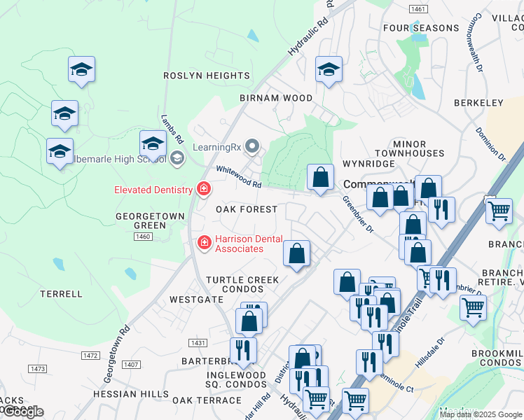 map of restaurants, bars, coffee shops, grocery stores, and more near 131 Oak Forest Cir in Charlottesville
