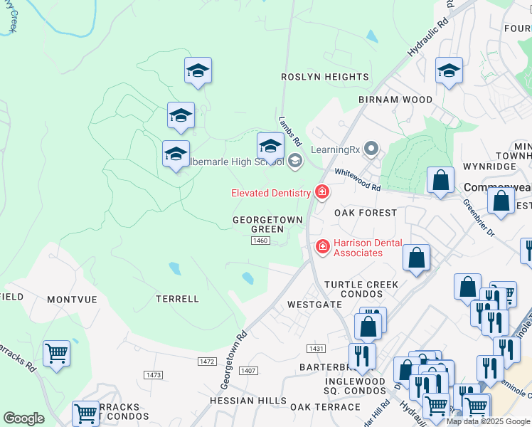 map of restaurants, bars, coffee shops, grocery stores, and more near 49 Georgetown Green in Charlottesville