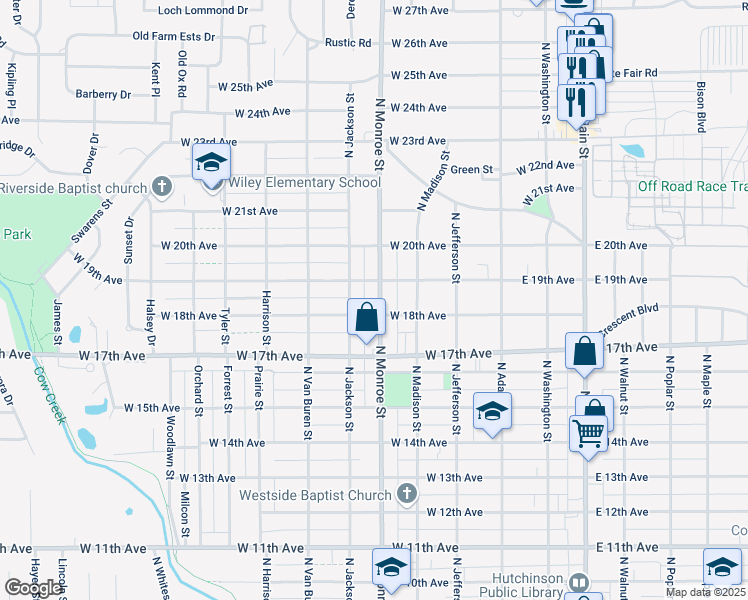 map of restaurants, bars, coffee shops, grocery stores, and more near 1807 North Monroe Street in Hutchinson