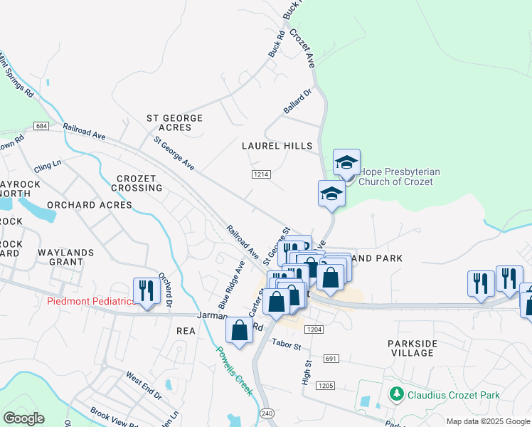 map of restaurants, bars, coffee shops, grocery stores, and more near State Route 1202 in Crozet