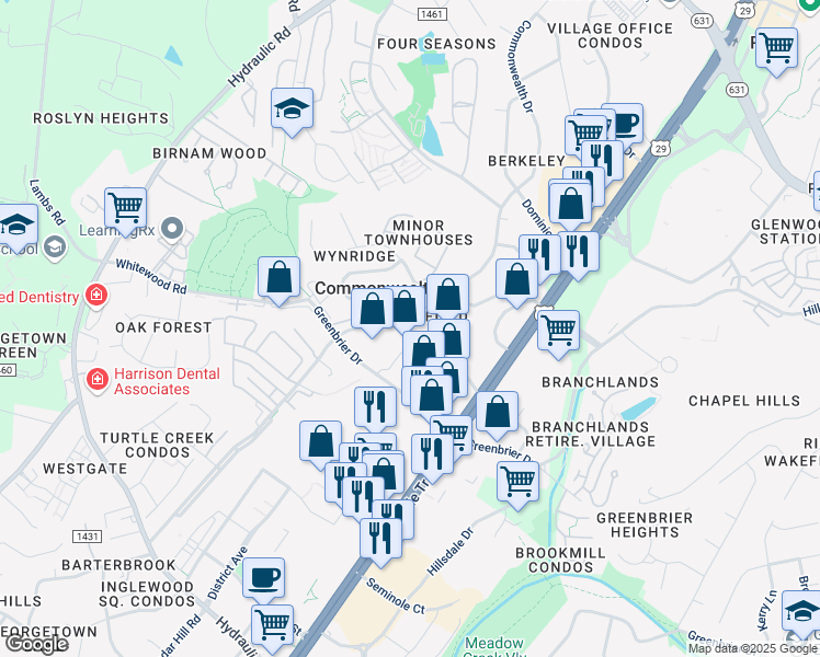 map of restaurants, bars, coffee shops, grocery stores, and more near 3520 Remson Court in Charlottesville