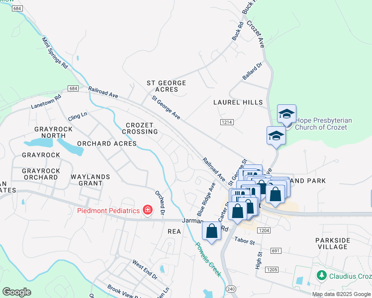 map of restaurants, bars, coffee shops, grocery stores, and more near 1298-1326 Pleasant Green Street in Crozet