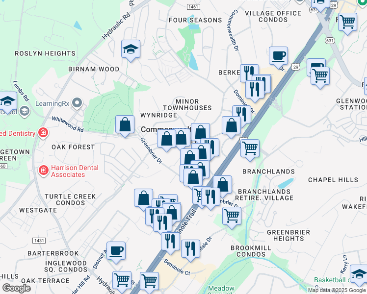 map of restaurants, bars, coffee shops, grocery stores, and more near 2350 Commonwealth Drive in Charlottesville