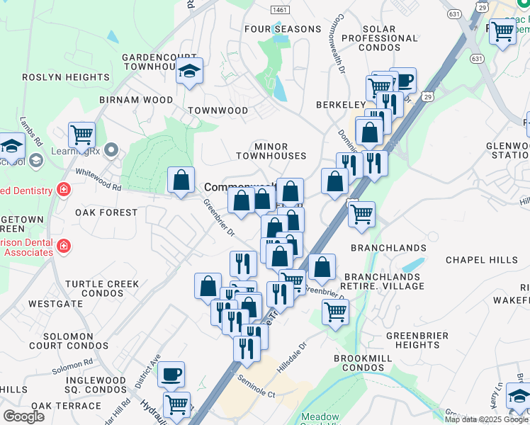 map of restaurants, bars, coffee shops, grocery stores, and more near 3520 Remson Court in Charlottesville