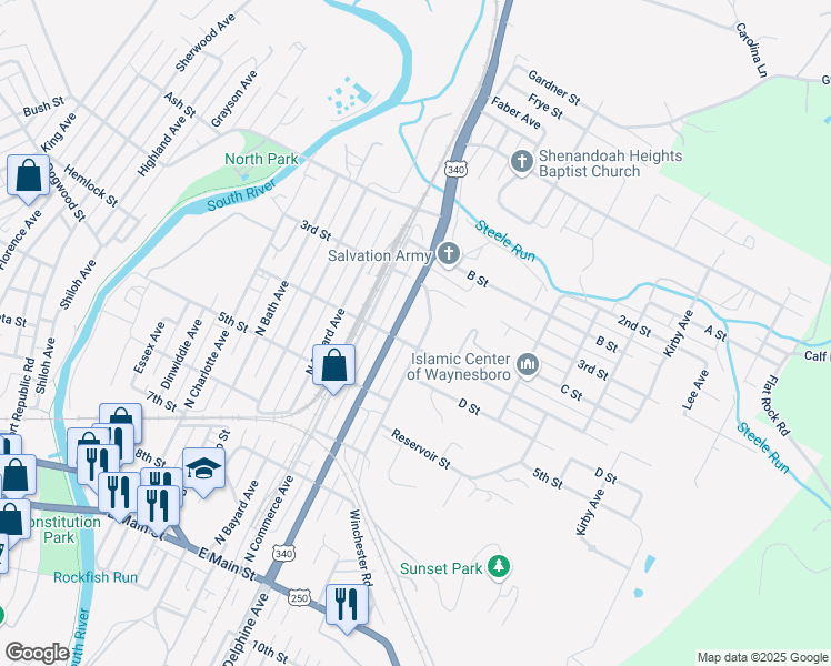 map of restaurants, bars, coffee shops, grocery stores, and more near 601 N Winchester Ave in Waynesboro