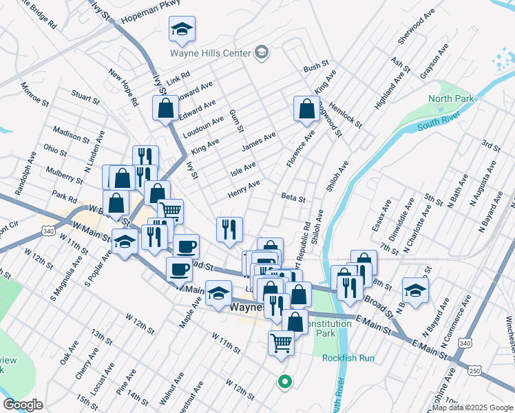 map of restaurants, bars, coffee shops, grocery stores, and more near 612 Alpha Street in Waynesboro