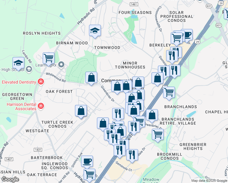 map of restaurants, bars, coffee shops, grocery stores, and more near 2318 Commonwealth Drive in Charlottesville