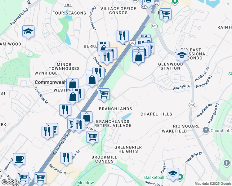 map of restaurants, bars, coffee shops, grocery stores, and more near 590 Branchlands Boulevard in Charlottesville