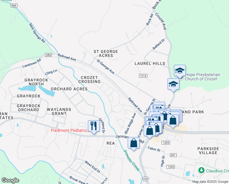 map of restaurants, bars, coffee shops, grocery stores, and more near 1298 Pleasant Green Street in Crozet
