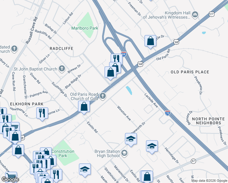 map of restaurants, bars, coffee shops, grocery stores, and more near 1897 Old Paris Road in Lexington