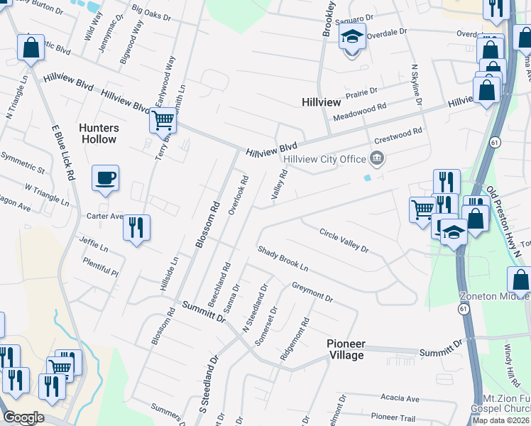 map of restaurants, bars, coffee shops, grocery stores, and more near 703 Shady Brook Lane in Louisville