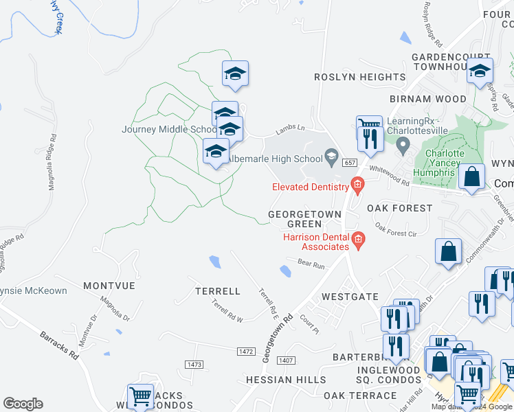 map of restaurants, bars, coffee shops, grocery stores, and more near 83 Georgetown Green in Charlottesville