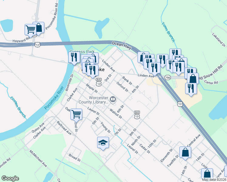 map of restaurants, bars, coffee shops, grocery stores, and more near 408 Market Street in Pocomoke City