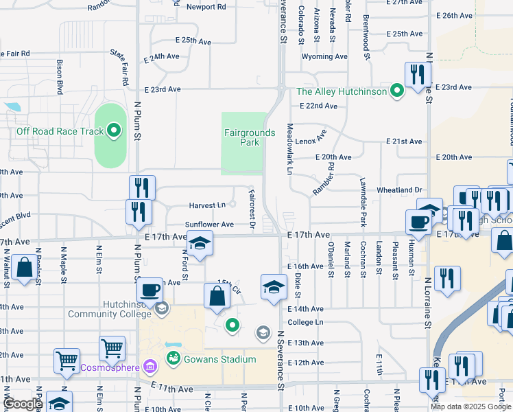 map of restaurants, bars, coffee shops, grocery stores, and more near North Severance Street in Hutchinson
