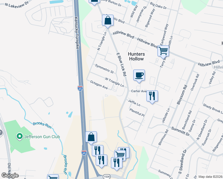 map of restaurants, bars, coffee shops, grocery stores, and more near 318 Triangle Lane South in Louisville