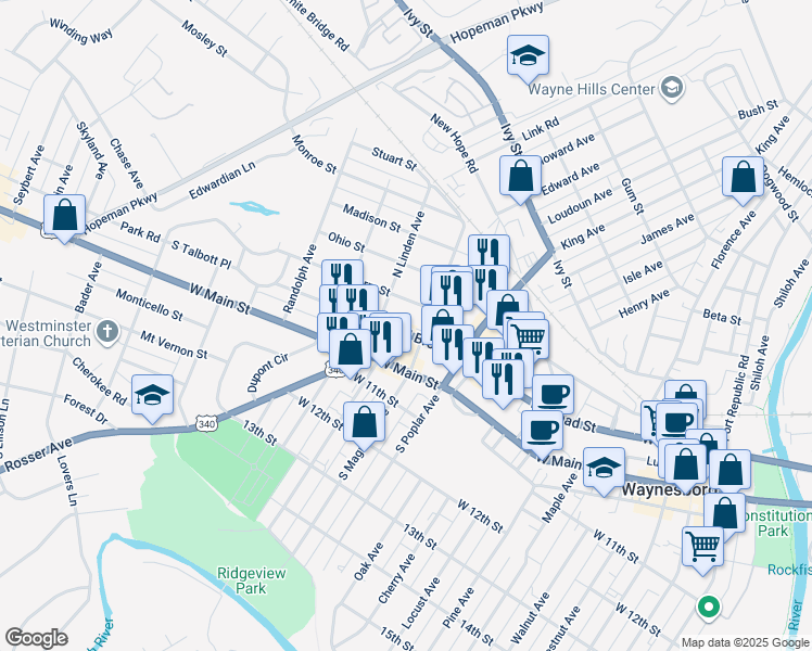 map of restaurants, bars, coffee shops, grocery stores, and more near 1413 West Broad Street in Waynesboro