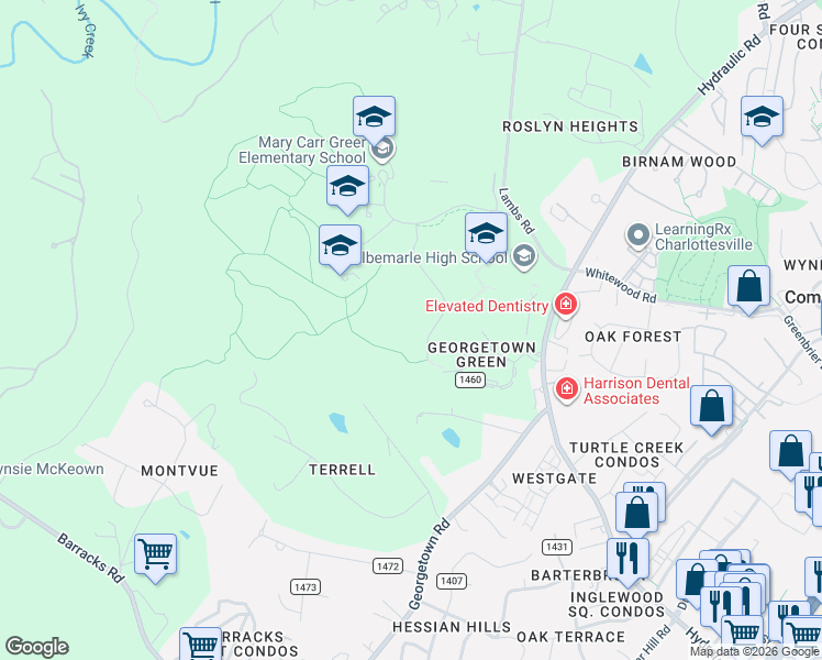 map of restaurants, bars, coffee shops, grocery stores, and more near 83 Georgetown Green in Charlottesville