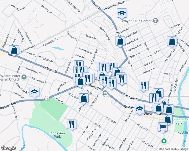 map of restaurants, bars, coffee shops, grocery stores, and more near 1412 West Broad Street in Waynesboro