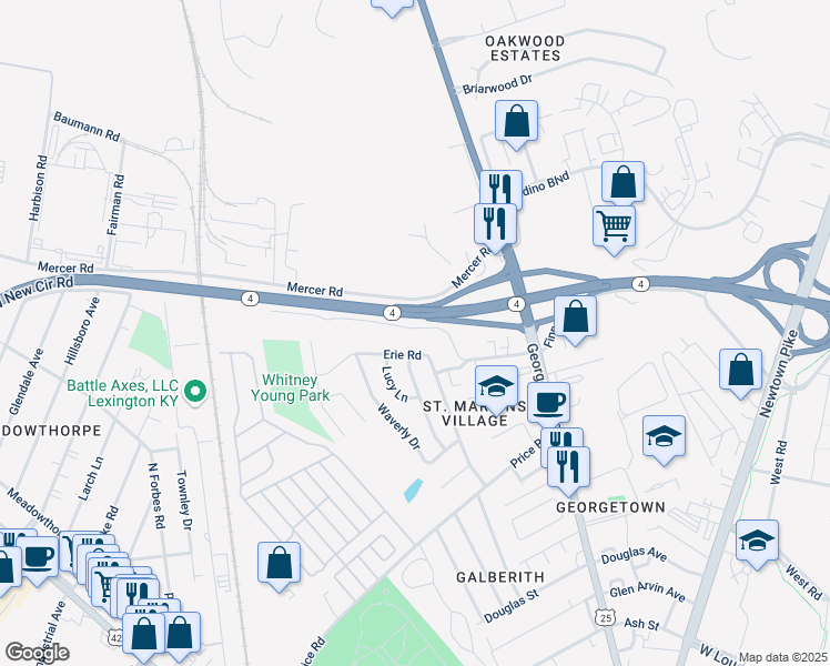 map of restaurants, bars, coffee shops, grocery stores, and more near 503 Erie Road in Lexington