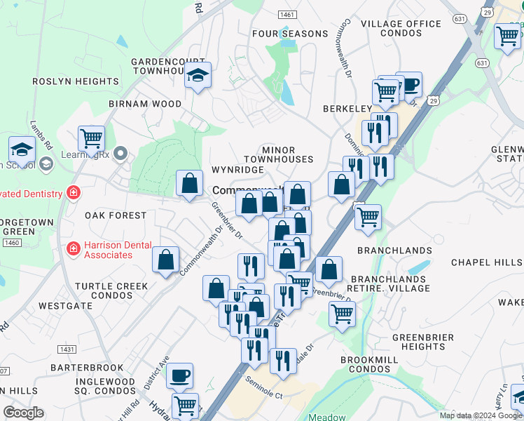 map of restaurants, bars, coffee shops, grocery stores, and more near 2341 Commonwealth Drive in Charlottesville