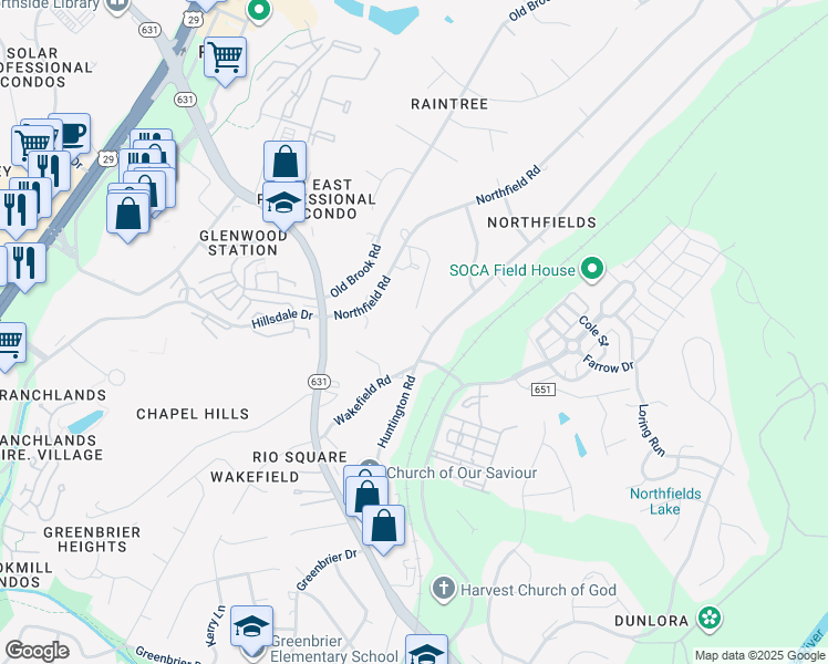 map of restaurants, bars, coffee shops, grocery stores, and more near 2431 Huntington Road in Charlottesville