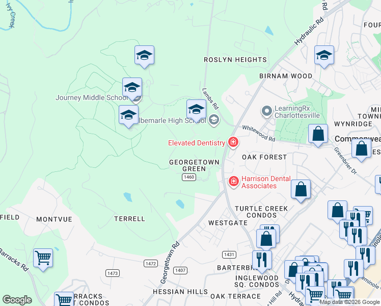 map of restaurants, bars, coffee shops, grocery stores, and more near 61 Georgetown Green in Charlottesville